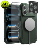[Bundle] iPhone 18 Pro / Pro Max | Rugged Gear Magnetic + AR Protectors - A dark green rugged phone case shown with a MagSafe-compatible magnetic ring, alongside two clear AR-coated screen protectors and a Ringke camera lens protector sticker. The image is set against a clean white background with a green and yellow 'AR COATING' badge in the top-left corner.