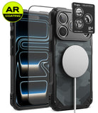 [Bundle] iPhone 18 Pro / Pro Max | Rugged Gear Magnetic + AR Protectors - A black rugged phone case with a carbon fiber-style textured back, shown alongside two clear AR-coated screen protectors and a MagSafe-compatible white ring. A Ringke brand card is visible on the camera area, and a yellow 'AR COATING' badge appears in the top-left corner.