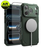 [Bundle] iPhone 18 Pro / Pro Max | Rugged Gear Magnetic + AR Protectors - Dark green rugged phone case with a built-in MagSafe ring, shown alongside a phone with a clear AR-coated screen protector and a white charging cable. A yellow 'AR COATING' badge is in the top-left corner.