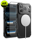 [Bundle] iPhone 18 Pro / Pro Max | Rugged Gear Magnetic + AR Protectors - Black rugged phone case with a clear AR-coated screen protector shown in front, plus a white MagSafe-compatible ring on the back. A yellow circular 'AR COATING' badge appears in the top-left corner.