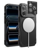 [Bundle] iPhone 18 Pro / Pro Max | Rugged Gear Magnetic + Privacy Protectors - A black rugged protective phone case shown from the front and back, with a white MagSafe-compatible circular ring on the back and a small black Ringke camera lens protector card displayed above the camera cutout.