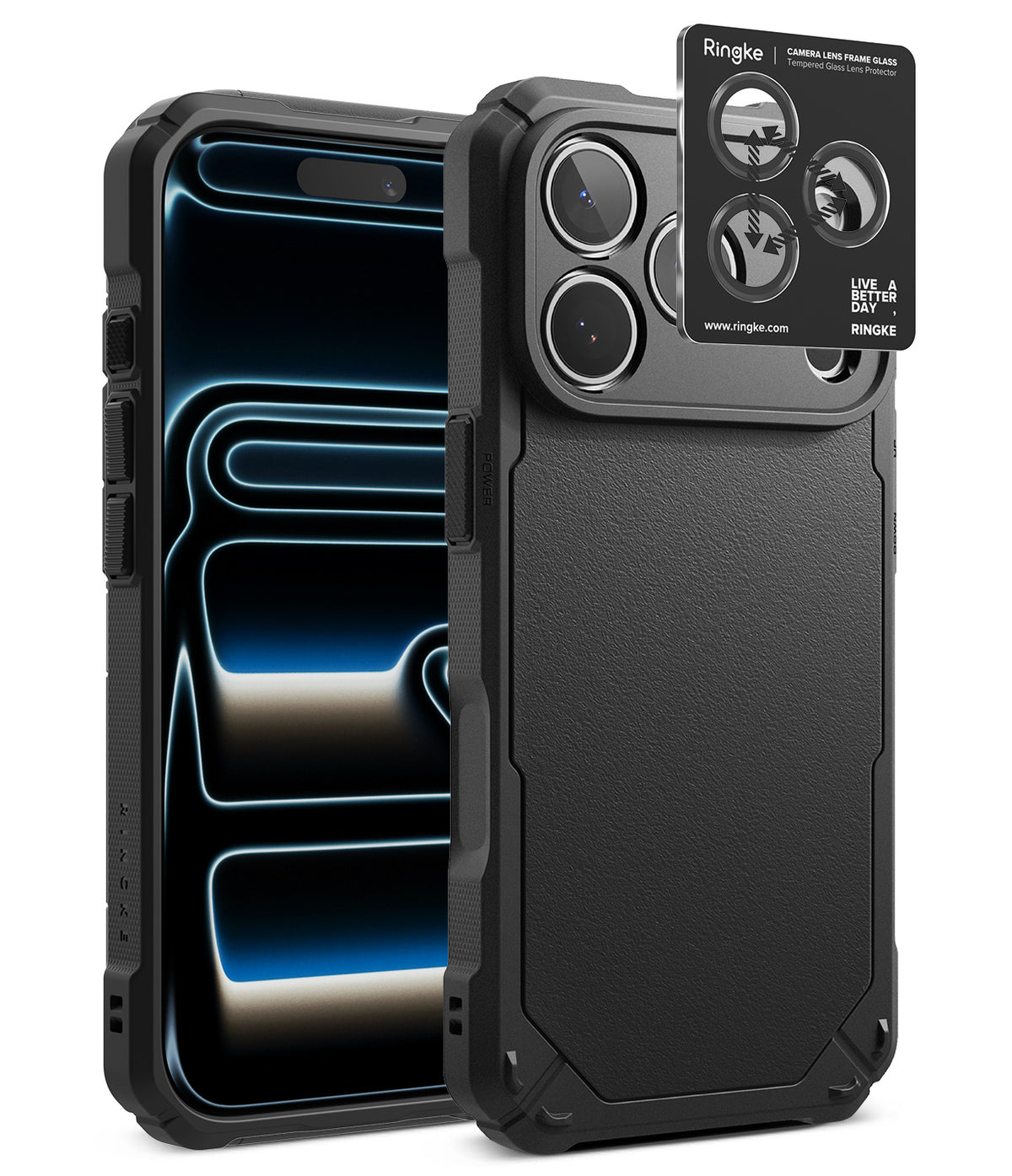 [Bundle] iPhone 18 Pro / Pro Max | Rugged Gear + AR Protectors - A black rugged phone case shown from the front and back, with a small Ringke camera lens protector sticker displayed above the rear camera cutout on a clean white background.
