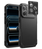 [Bundle] iPhone 18 Pro / Pro Max | Rugged Gear + AR Protectors - A black rugged phone case shown from the front and back, with a small Ringke camera lens protector sticker displayed above the rear camera cutout on a clean white background.