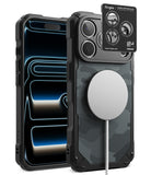 [Bundle] iPhone 18 Pro / Pro Max | Rugged Gear Magnetic + Privacy Protectors - A black rugged protective phone case with a carbon fiber pattern back, shown from the front and back. The back features a large silver MagSafe ring, and a black Ringke camera lens protector is shown overlapping the top-left corner of the case.
