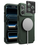 [Bundle] iPhone 18 Pro / Pro Max | Rugged Gear Magnetic + Privacy Protectors - A dark forest green rugged protective phone case shown from the back, with a MagSafe-compatible circular magnetic ring attachment and a black Ringke camera lens protector sticker displayed on top. The phone inside the case is shown with its screen on.