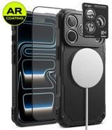 [Bundle] iPhone 18 Pro / Pro Max | Rugged Gear Magnetic + AR Protectors - Black rugged phone case with MagSafe compatibility, shown with a clear AR-coated screen protector and a camera lens protector sticker. The image features a black phone inside the case and a white charging cable attached to the MagSafe ring on the back.