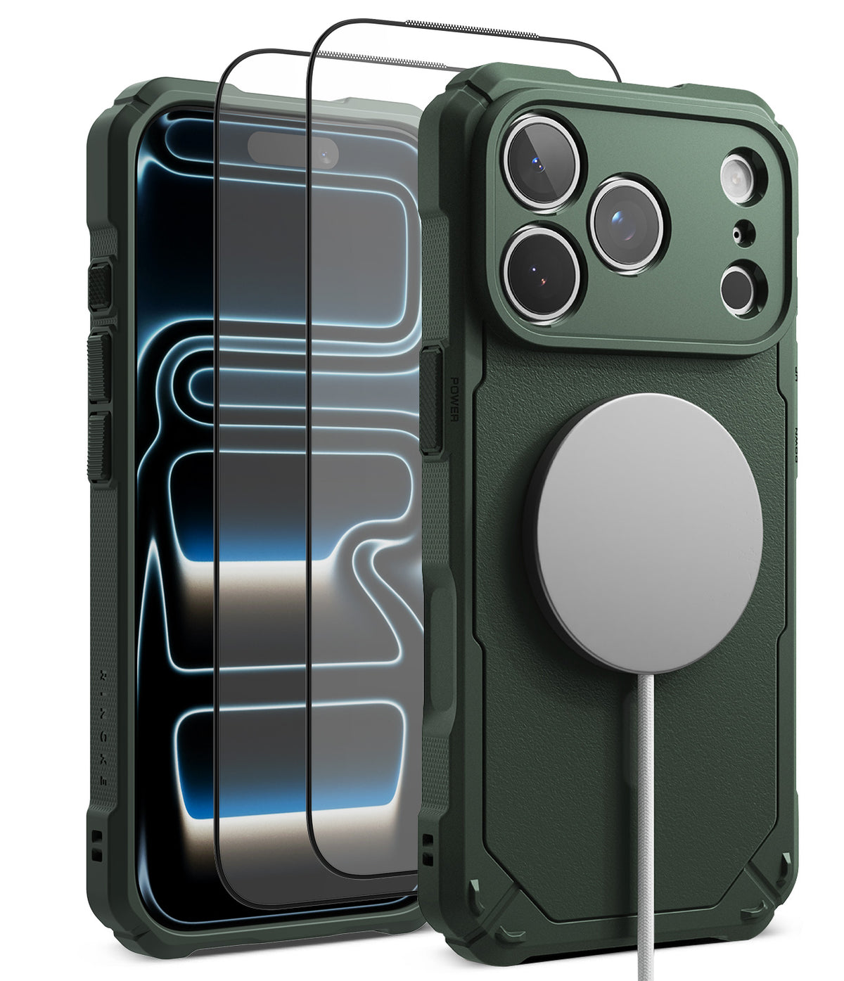 [Bundle] iPhone 18 Pro / Pro Max | Rugged Gear Magnetic + Protectors - Dark green rugged phone case with MagSafe compatibility, shown with a smartphone inside and a separate clear screen protector in front on a white background.