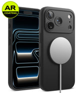 [Bundle] iPhone 18 Pro / Pro Max | Silicone Magnetic + AR Protectors - A black smartphone case shown from the back with a large silver MagSafe ring, alongside a second view showing a clear AR-coated screen protector over the phone. A yellow circular badge in the top-left reads 'AR COATING'.