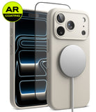 [Bundle] iPhone 18 Pro / Pro Max | Silicone Magnetic + AR Protectors - A light beige phone case shown on a smartphone, with a MagSafe-style circular magnetic ring attached. Two additional phone screen protectors are displayed behind the case, and a yellow circular badge in the top-left corner reads 'AR COATING'.