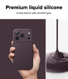 iPhone 18 Pro Max Case | Silicone Magnetic - A hand holds a dark plum liquid silicone phone case against a split background, with text at the top reading 'Premium liquid silicone' and a close-up of the glossy silicone material on the right.