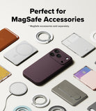 iPhone 18 Pro Max Case | Silicone Magnetic - A dark plum purple phone case shown on a smartphone, surrounded by various MagSafe accessories like rings, wallets, and a power bank on a light beige background. Text at the top reads 'Perfect for MagSafe Accessories' with a note that MagSafe accessories are sold separately.