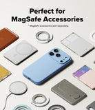 iPhone 18 Pro Max Case | Silicone Magnetic - A light blue phone case centered on a clean off-white background, surrounded by various MagSafe accessories including rings, a brown wallet, and other phone cases. Text at the top reads 'Perfect for MagSafe Accessories' with a note that MagSafe accessories are sold separately.