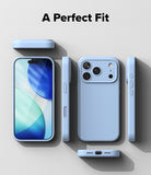 iPhone 18 Pro Max Case | Silicone Magnetic - A light blue phone case shown from multiple angles on a clean light gray background, with the text 'A Perfect Fit' at the top. The views include the front, back, side, and bottom of the case, with a smartphone displayed inside the case.
