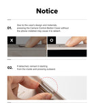 iPhone 18 Pro Max Case | Silicone Magnetic - Instruction notice sheet showing two panels with close-up photos of a camera control button cover being pressed and reinserted, with text explaining that the button may detach if pressed without the phone installed.