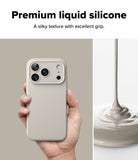 iPhone 18 Pro Max Case | Silicone Magnetic - A hand holds a light beige phone case against a neutral background, with text reading 'Premium liquid silicone' and a side panel showing a glossy silicone liquid being poured and swirled.