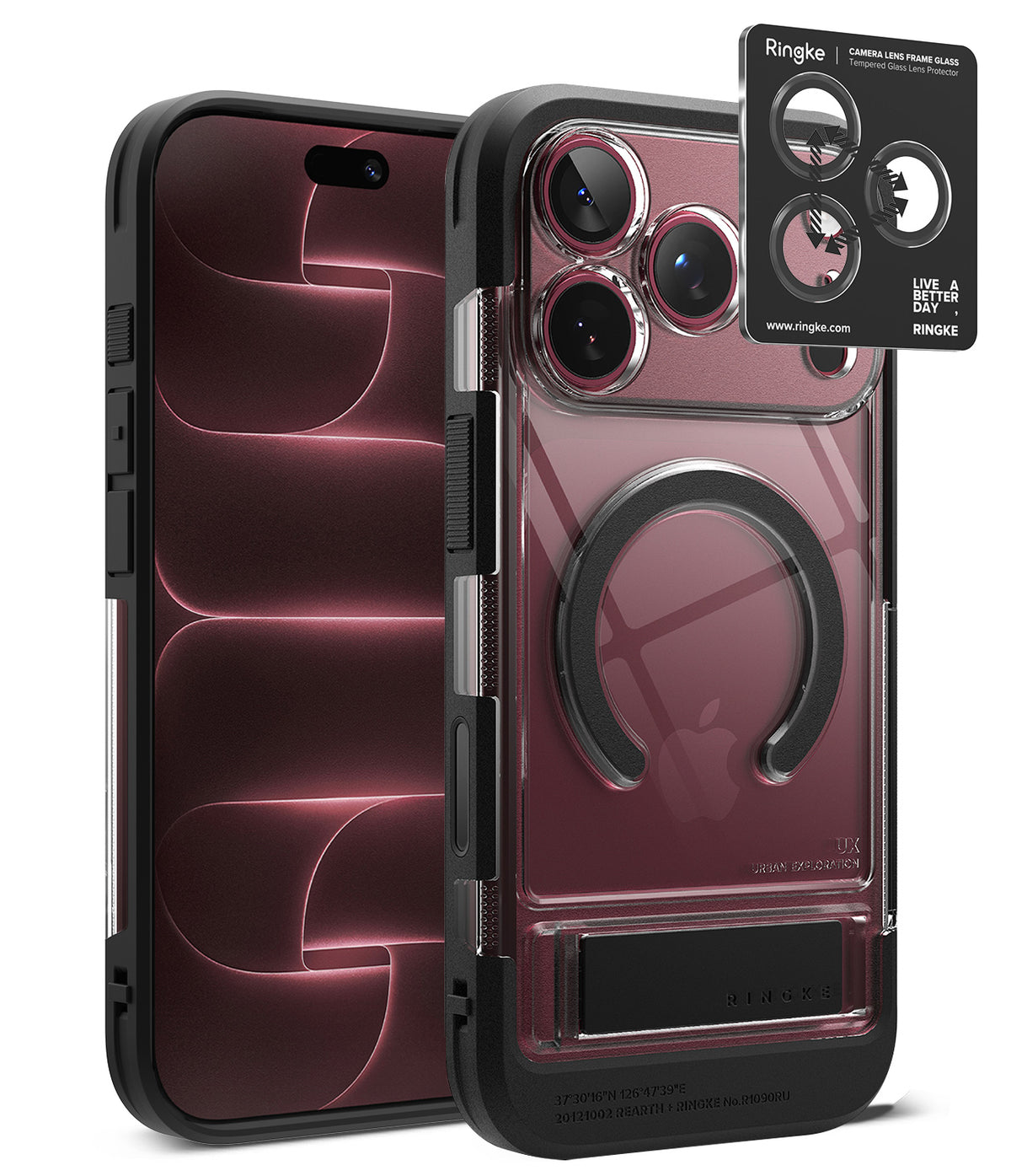 [Bundle] iPhone 18 Pro / Pro Max | UX Magnetic + AR Protectors - Ringke iPhone case in clear and black, shown from the back with a smartphone inserted. A black insert card with Ringke branding is shown next to the case on a clean white background.