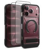 [Bundle] iPhone 18 Pro / Pro Max | UX Magnetic + Protectors - A clear and black protective phone case with a built-in circular MagSafe ring, shown alongside two transparent screen protectors with black borders on a white background.