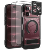 [Bundle] iPhone 18 Pro / Pro Max | UX Magnetic + Protectors - A transparent and black Ringke phone case shown on a smartphone, alongside two clear screen protectors and a black camera lens protector sticker. The case features a built-in circular MagSafe ring and a kickstand at the bottom.