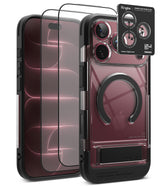 [Bundle] iPhone 18 Pro / Pro Max | UX Magnetic + Protectors - A transparent and black Ringke phone case shown on a smartphone, alongside two clear screen protectors and a black camera lens protector sticker. The case features a built-in circular MagSafe ring and a kickstand at the bottom.