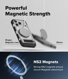 iPhone 18 Pro / Pro Max Case UX Magnetic all-groups - Promotional graphic for a transparent magnetic phone case with a circular MagSafe ring. The top half shows the case on a phone with text reading 'Powerful Magnetic Strength' and labels for 'Ringke Magnetic case' and 'Others'.