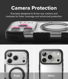 iPhone 18 Pro Max Case | UX Magnetic - A promotional graphic for a clear camera protection case with a black ring-style magnetic ring. The top section shows the case installed on a phone, with text reading 'Camera Protection.