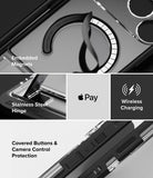 iPhone 18 Pro Max Case | UX Magnetic - A black protective phone case shown in a multi-panel feature graphic. The panels highlight an embedded magnetic ring for wireless charging, a stainless steel hinge, covered buttons and camera control protection, and compatibility with Apple Pay.