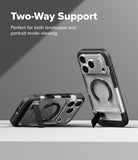 iPhone 18 Pro Max Case | UX Magnetic - Transparent and black protective phone case shown from two angles on a light gray background, with text reading 'Two-Way Support' and 'Perfect for both landscape and portrait mode viewing.'.