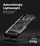 iPhone 18 Pro Max Case | UX Magnetic - A clear and black protective phone case with a circular MagSafe ring, shown floating at an angle on a dark background with promotional text reading 'Astonishingly Lightweight' and 'Weight 47.8g'.