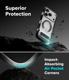 iPhone 18 Pro Max Case | UX Magnetic - A transparent protective phone case with a circular MagSafe ring and a built-in battery/power module, shown floating above dark rocks with marketing text reading 'Superior Protection' and 'Impact-Absorbing Air Pocket Corners.'.