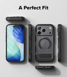 iPhone 18 Pro Max Case | UX Magnetic - A dark gray and black protective phone case shown in multiple angles with a smartphone inside, on a light gray background with the text 'A Perfect Fit' at the top.