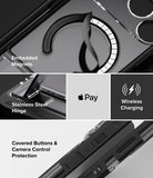iPhone 18 Pro Max Case | UX Magnetic - A black protective phone case shown in a multi-panel feature graphic highlighting its design and charging capabilities. The graphic includes text labels for 'Embedded Magnets', 'Stainless Steel Hinge', 'Apple Pay', and 'Wireless Charging', along with a bottom panel showing 'Covered Buttons & Camera Control Protection'.