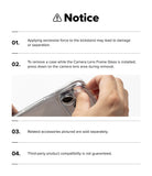 iPhone 18 Pro Max Case | UX Magnetic - A white informational notice sheet with black text and a small photo showing a hand peeling a clear protective camera lens frame glass from a phone case.