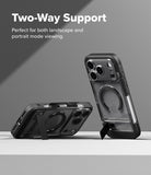 iPhone 18 Pro Max Case | UX Magnetic - Transparent black phone case with built-in kickstand, shown in two orientations on a light gray background with text reading 'Two-Way Support'.