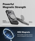 iPhone 18 Pro Max Case | UX Magnetic - Promotional graphic for a transparent magnetic phone case with a circular MagSafe ring. The top half shows the case floating with text reading 'Powerful Magnetic Strength' and labels the Ringke magnetic case versus generic 'Others.
