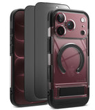 [Bundle] iPhone 18 Pro / Pro Max | UX Magnetic + Privacy Protectors - A clear and black protective phone case with a built-in circular ring stand, shown on a smartphone from the back. The image displays three views: a phone inside the case, the case itself, and a second phone showing the front-facing view through the transparent back of the case.