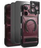 [Bundle] iPhone 18 Pro / Pro Max | UX Magnetic + Privacy Protectors - Three views of a Ringke iPhone case on a white background, showing the black back, the clear side, and the back with a transparent camera lens protector and a black magnetic ring stand.