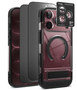 [Bundle] iPhone 18 Pro / Pro Max | UX Magnetic + Privacy Protectors - Three views of a Ringke iPhone case on a white background, showing the black back, the clear side, and the back with a transparent camera lens protector and a black magnetic ring stand.