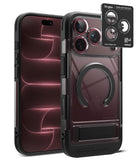 [Bundle] iPhone 18 Pro / Pro Max | UX Magnetic + AR Protectors - Ringke iPhone case in clear and black, shown from the back with a smartphone inserted, plus a small product detail card for the camera cutout. No person, animal, or real environment is present, so this is Product/Packaging.