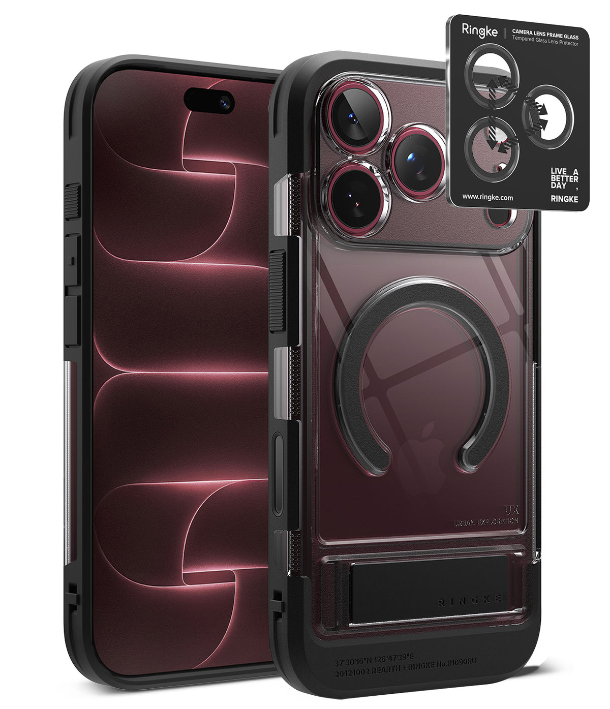 [Bundle] iPhone 18 Pro / Pro Max | UX Magnetic + Privacy Protectors - Ringke iPhone case in clear and black, shown from the back with a smartphone inserted, plus a small product detail card for the camera cutout. No person, animal, or real environment is present, so this is Product/Packaging.