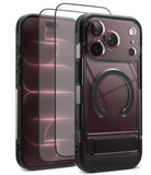 [Bundle] iPhone 18 Pro / Pro Max | UX Magnetic + Protectors - A clear and black protective phone case with a built-in circular MagSafe ring and kickstand, shown alongside two transparent screen protectors with black borders on a white background.