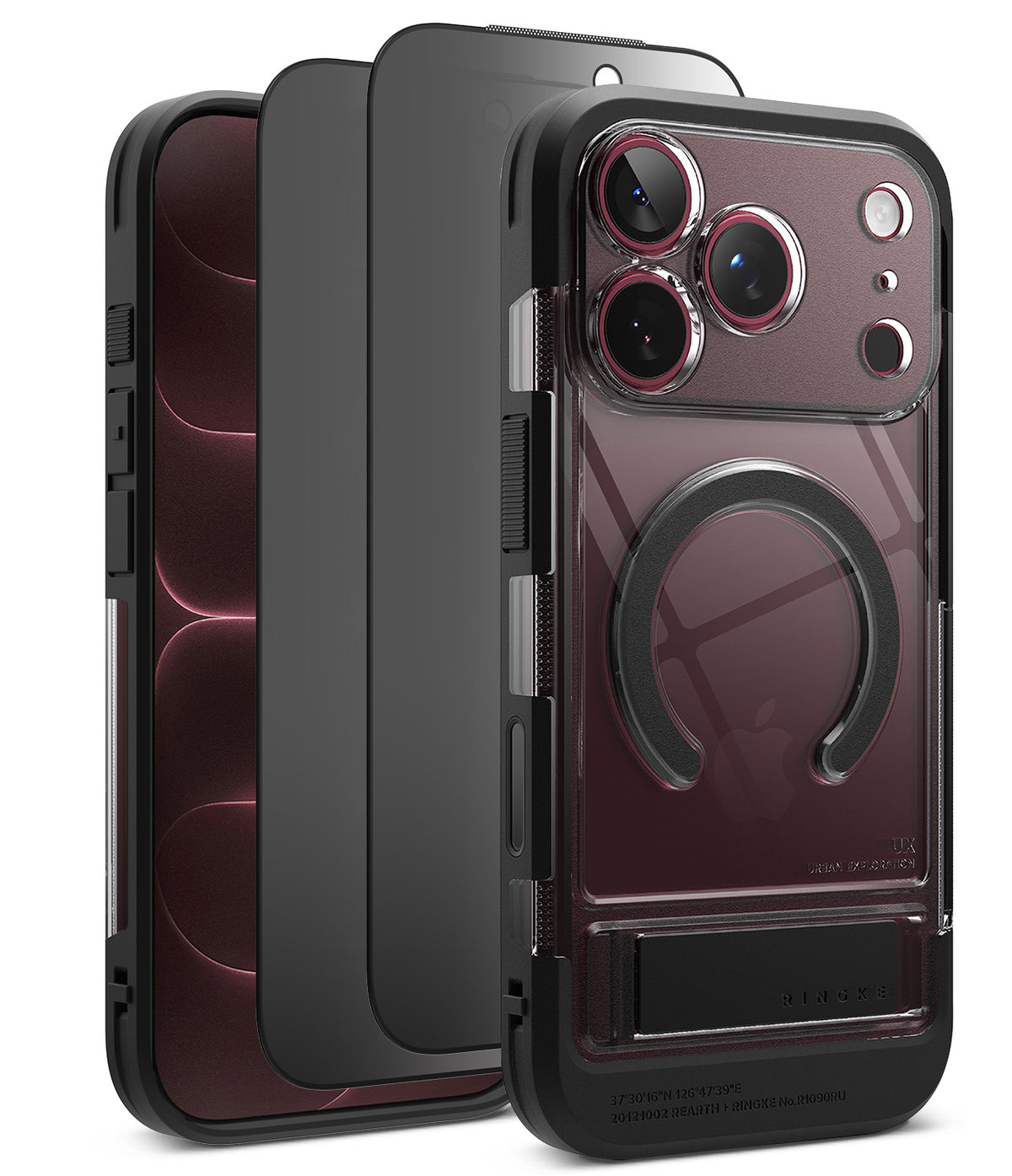 [Bundle] iPhone 18 Pro / Pro Max | UX Magnetic + Privacy Protectors - A clear protective phone case with a black bumper and a circular MagSafe ring, shown on a smartphone. The image displays three views of the case: a back view showing the MagSafe ring and camera cutouts, a side profile view, and a front view showing the transparent back panel.