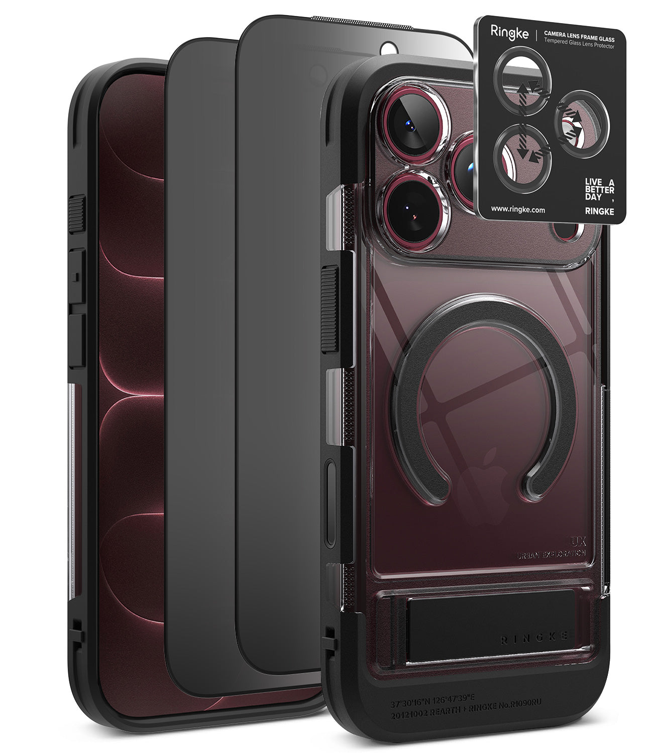 [Bundle] iPhone 18 Pro / Pro Max | UX Magnetic + Privacy Protectors - A transparent and black Ringke phone case with a built-in MagSafe ring, shown alongside a black phone and a small Ringke camera lens protector card on a white background.