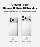 iPhone 18 Pro / 18 Pro Max Camera Protector | Camera Lens Frame Glass (2 Pack) - A compatibility graphic showing two silver iPhones from the back, labeled iPhone 18 Pro and iPhone 18 Pro Max, with text above reading 'Designed for iPhone 18 Pro / 18 Pro Max' and a note to check device size before purchase.