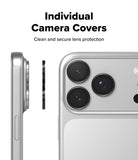 iPhone 18 Pro / 18 Pro Max Camera Protector | Camera Lens Frame Glass (2 Pack) - A silver smartphone shown from the back with a close-up of its camera area, alongside a separate black circular camera cover and a side profile view of the phone. Text at the top reads 'Individual Camera Covers' and 'Clean and secure lens protection.