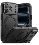 iPhone 18 Pro Case | Alles - A black rugged protective phone case with a built-in circular magnetic ring and kickstand, shown from multiple angles on a white background.