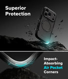 iPhone 18 Pro Case | Alles - A clear protective phone case with a circular magnetic ring is shown floating above dark rocky terrain. Text reads 'Superior Protection' and 'Impact-Absorbing Air Pocket Corners,' with the case highlighted as transparent with glowing cyan edge accents.