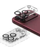 iPhone 18 Pro Camera Protector | Camera Full Cover Tempered Glass (2 Pack) - Ringke camera full cover tempered glass protector set shown on a smartphone with multiple circular lens protectors applied, alongside the product packaging box.