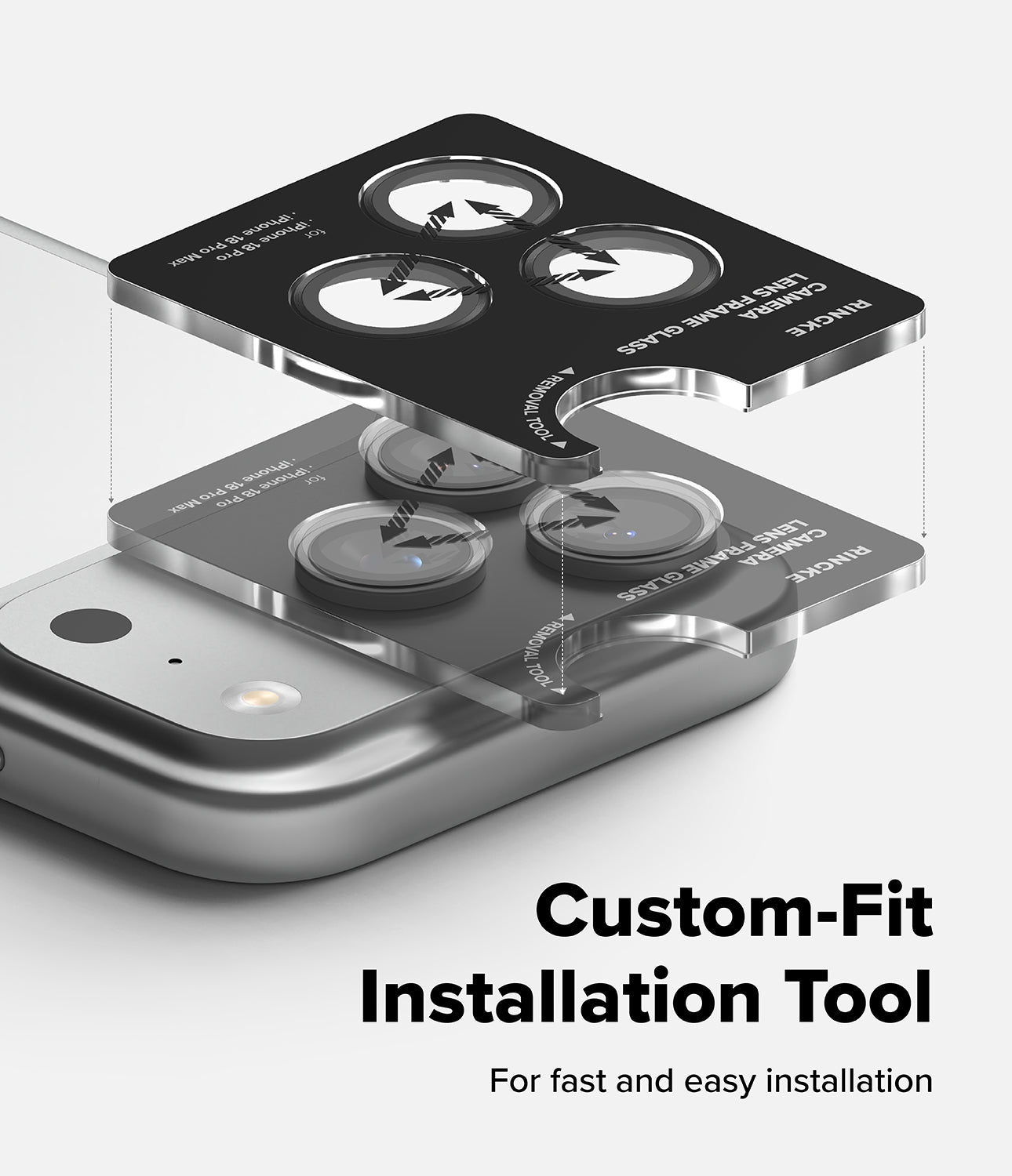 iPhone 18 Pro / Pro Max Protectors - Custom-fit lens guard installation tool shown over a smartphone camera module, with text reading 'Custom-Fit Installation Tool' and 'For fast and easy installation.'.