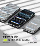 iPhone 18 Pro Screen Protector | Easy Slide AR Tempered Glass - Three smartphones with transparent screen protectors featuring AR-coated curved cutouts, displayed on a white background with diagonal shadows. Text at the bottom reads 'Ringke EASY SLIDE AR TEMPERED GLASS' and 'for iPhone 18 Pro'.