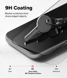 iPhone 18 Pro Screen Protector | Easy Slide AR Tempered Glass - Smartphone with tempered glass screen protector resisting a key, with scratch resistance rating displayed.